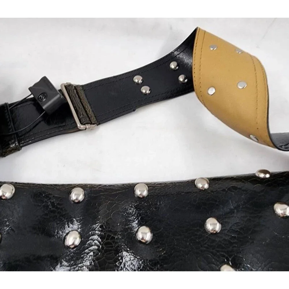 Alexander McQueen Crackled Leather Messenger Bag Men's L Black/Caramel/Silver